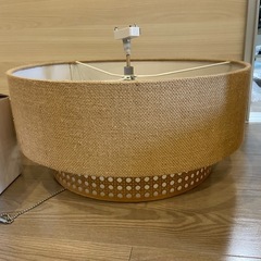 デスク、モニター、モニターアーム、シーリングランプの画像