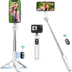 自撮り棒 スマホスタンド 三脚 スマホ デジカメ兼用iphone android対応 リモコン付き 360°+260°可調節 4-7インチ対応 (ホワイト)の画像