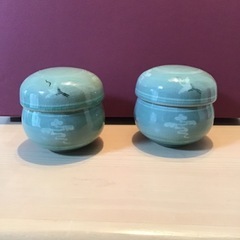 湯呑み　茶漉し蓋付き　高麗青磁　未使用　鶴絵付け　青磁湯呑み　　...