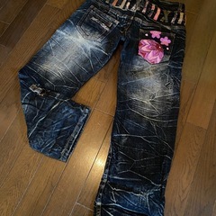 美品雅結デニムジーンズパンツ刺繍和柄花柄ハーフショートクロップドvintageダメージウォッシュ加工メンズレディースユニセックスの画像