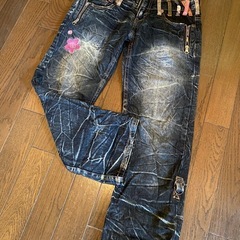 美品雅結デニムジーンズパンツ刺繍和柄花柄ハーフショートクロップド...