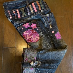 美品雅結デニムジーンズパンツ刺繍和柄花柄ハーフショートクロップドvintageダメージウォッシュ加工メンズレディースユニセックスの画像