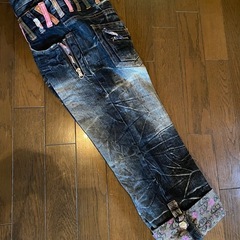 美品雅結デニムジーンズパンツ刺繍和柄花柄ハーフショートクロップドvintageダメージウォッシュ加工メンズレディースユニセックスの画像