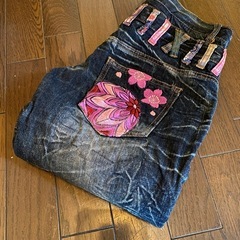 美品雅結デニムジーンズパンツ刺繍和柄花柄ハーフショートクロップドvintageダメージウォッシュ加工メンズレディースユニセックスの画像