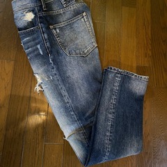 希少vintageダメージクラッシュヒゲデニムジーンズエイジング本革パッチシンチバックused ジーパン インディゴ W30の画像