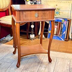 猫脚 サイドテーブル 天板象嵌細工 引出し付き 横幅48cm 奥...