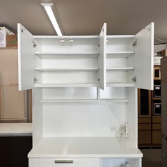 【超美品‼️】現行モデル♪ ニトリ 100cm幅キッチンボード(ソレル100KB) 食器棚 収納家具 艶あり木目調ホワイト♪の画像