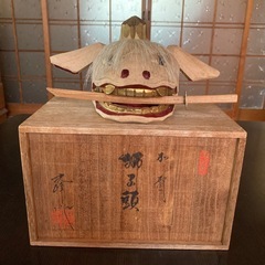 加賀　獅子頭　光峰作　伝統工芸品　郷土玩具　木箱入り　置物　縁起物　天然木製　彫刻　ミニ木刀付きの画像