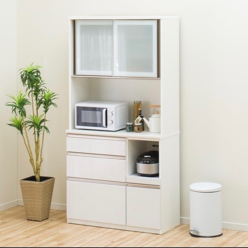 【超美品‼️】定価89,990円♪ 現行モデル ニトリ 100cm幅キッチンボード(アルミナ2) 食器棚 収納家具 艶あり木目調ホワイト♪