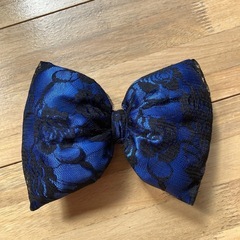 ふっくらリボン 青色  バラ柄レースハンドメイド 新品未使用