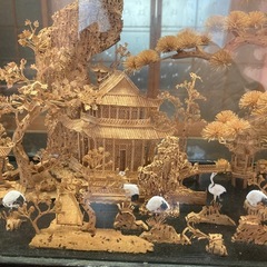 中国コルク細工の置物　大型　中国軟木画　中国庭園　鶴　松　橋　漆塗りの画像