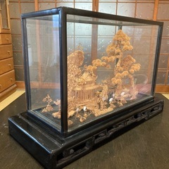 中国コルク細工の置物　大型　中国軟木画　中国庭園　鶴　松　橋　漆塗りの画像