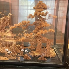 中国コルク細工の置物　大型　中国軟木画　中国庭園　鶴　松　橋　漆塗りの画像
