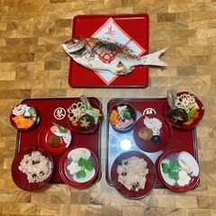 お食い初め用赤黒食器2セット・双子用・歯固め石付き お椀・皿・トレーの画像
