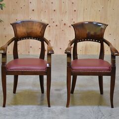 ≪zyt2133ジ≫ [2脚セット] エスニック家具 アンティーク調 木製アームチェア 飾り鋲 座面赤系 リゾート家具/アジアン/インドネシア/バリ/椅子/スタッズ/菊鋲/中古家具/宮城県仙台市 70406-05の画像