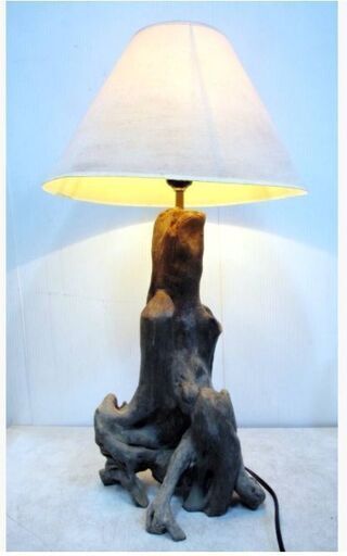 ヴィンテージ　ウッドテーブルランプ　動作良好　卓上ライト　流木ベース　リネンシェード　インテリア　オブジェ　飾り　重厚感　アート