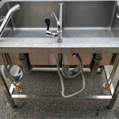 特注品 業務用 2槽シンク 混合水栓 3口蛇口付き 幅1000×奥700×高さ845+110(mm) 扉付き 二槽シンク 二層シンク 2層シンク 深形 大阪の画像