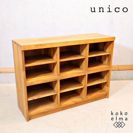 unico(ウニコ)の人気シリーズBREATH(ブレス) チーク無垢材 ワイドシェルフです！ヴィンテージスタイルのナチュラルな雰囲気の木製ラック♪北欧スタイルやカフェ風のお部屋の収納棚に！