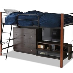 中古 2段ベッド JKプラン ミドルベッド　ハイベッド 木製 シングル 天然木 脚を取れば低いミドルベッドになる 幅209×奥行102 ブラック 黒 ブラウン 茶色 TSIRI1042SETBKBRの画像