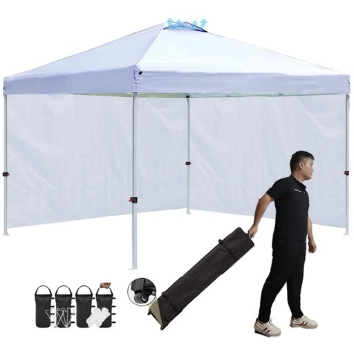 最終価格！ToopTapu タープテント 【組立と運び簡単!!】【センターロック/キャスターバッグ】2.5×2.5m/3×3m サイドシート2枚付き 風抜けベンチレーション 3段階調節 スチールフレーム 8人用大型 組立簡単 UVカット 耐水 付属品付き ワンタッチ設営（強化版） (ホワイト, 3ｍ)