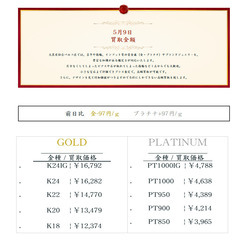 大黒屋仙台パルコ店 5/9　本日の貴金属の買取金額