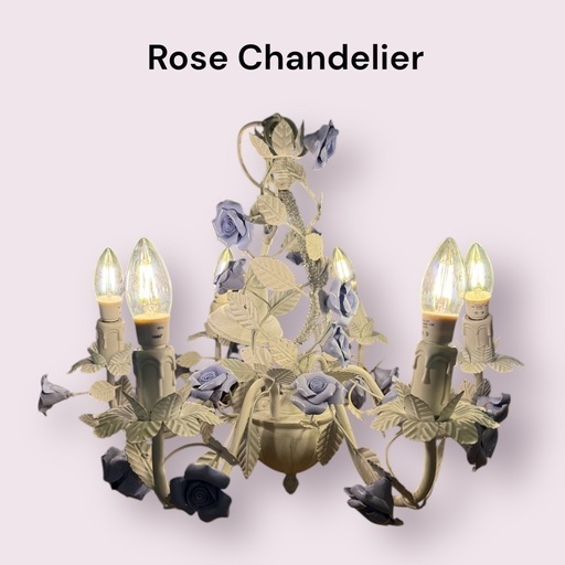 【超美品】ローズシャンデリア 6灯 薄紫 バラ パープル アイアン アンティーク