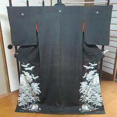 時代物　正絹　黒留袖　共八掛　飛び鶴　御所車　松　５文　豆縮緬