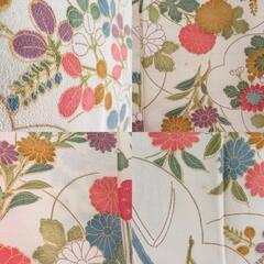 小紋 花々に蝶々模様 薄黄緑ｘ緑色ｘ多色 絹 バチ衿 仕立て上がり着物 身丈158cm 【キモノオフ野々市若松店】の画像