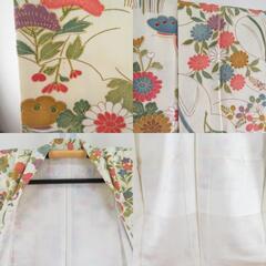 小紋 花々に蝶々模様 薄黄緑ｘ緑色ｘ多色 絹 バチ衿 仕立て上がり着物 身丈158cm 【キモノオフ野々市若松店】の画像