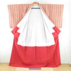 小紋 向かい扇模様 朱色ｘ多色 正絹 広衿 仕立て上がり着物 身丈163.5cm 【キモノオフ野々市若松店】の画像
