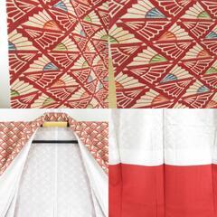 小紋 向かい扇模様 朱色ｘ多色 正絹 広衿 仕立て上がり着物 身丈163.5cm 【キモノオフ野々市若松店】の画像
