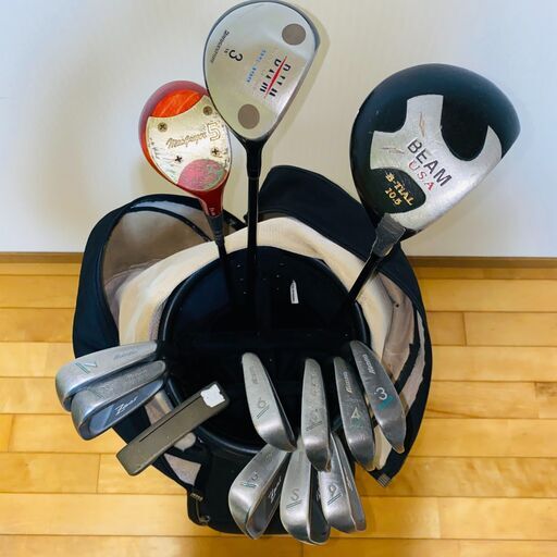 GULLIVER キャディーバッグ 8.5型 6分割 BEAM U.S.A B-TiAL 10.5°  BRIDGESTONE ブリヂストン DHM DC-300 ウッド 3番 15°  MacGregor マクレガー ウッド 5番 TOURTORNAMENT MIZUNO ミズノ Zest アイアン 3番 4番 5番 6番 7番 8番 9番 ウェッジ P S パター PING ANSER