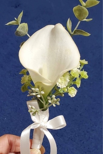 【結婚式使用】カラーのブーケ＆ブートニア＆花瓶付きセット／上品ホワイト・花びし購入・高品質リボン使用