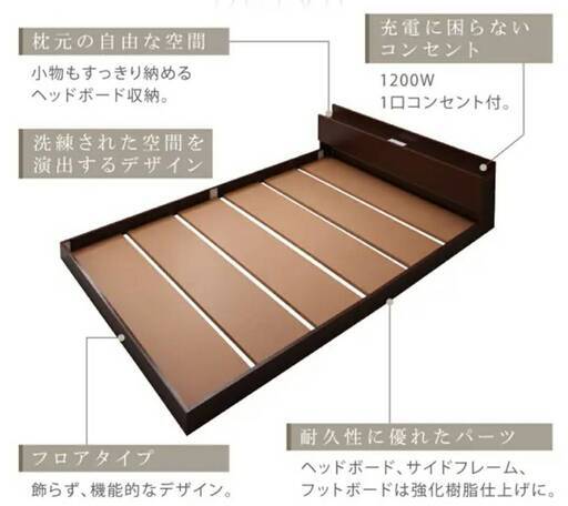 フレームのみ【アウトレット品】シングル 棚コンセント付き シンプルモダンフロアベッド ダークブラウン