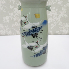 九谷焼 骨董・民芸品 九谷勇岳 鶴 花入  花生 花瓶 花器 金彩 共箱有 【キモノオフ野々市若松店】の画像