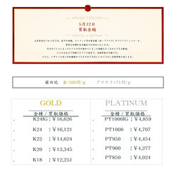 大黒屋仙台パルコ店 5/12　本日の貴金属の買取金額