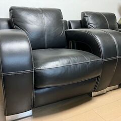 レザーソファ　メーカー不明　2人掛け1脚　1人掛け2脚　色：ブラックの画像