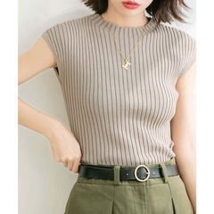 【美品】サマーニット リブ　フレンチスリーブ ラウンドネック