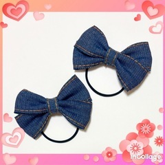 デニムリボンヘアゴム ハンドメイド ヘアーアクセサリー