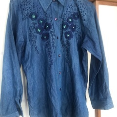 Tee-House 刺繍デニムブルー長袖シャツ