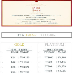 大黒屋仙台パルコ店 5/13　本日の貴金属の買取金額 