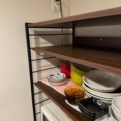 黒パイプと木のキッチンラック（スライド棚付き）の画像