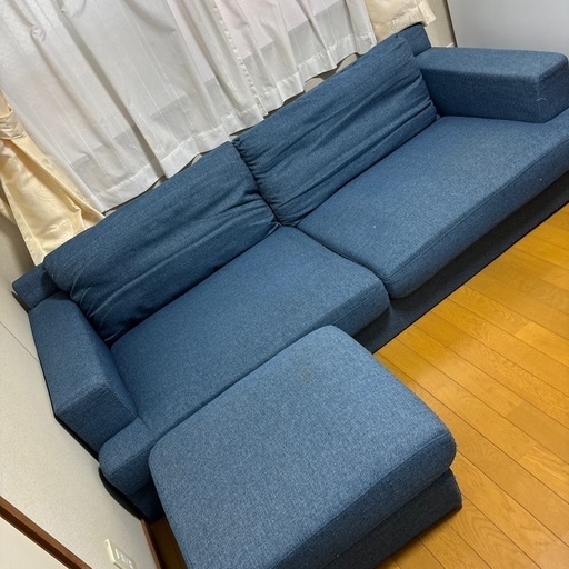 デニム調　3人がけカウチソファー　オットマン付き