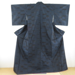 紬 着物 大島紬 黒色ｘ青色 市松模様 広衿 正絹 仕立て上がり...