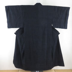 男着物 紬 アンサンブル 袷 黒青色 正絹 男性用きもの メンズ 仕立て上がり 和服 男物 カジュアル 身丈147cmの画像