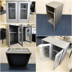 扉付き2段木製キャビネット 飾り棚 グレー 完成品カラーボックス 取っ手付き収納棚 サイドボードの画像