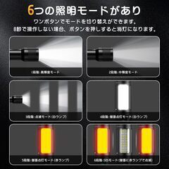 懐中電灯 【2025最新の強化版 夜光 ライト 】ハンドヘルドトーチ ledライト 白色と赤色COB作業灯/ 6モード調光/最大照射距離500m/ 大容量電池 実用点灯最大16時間/Type-C充電式/電池式スマート急速放熱 可変ズーム アルミ合金製小型耐衝撃の画像
