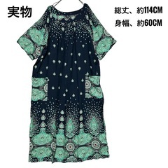 新品　ロングワンピース　総柄　XL　大きい　フレア　ネイビー　緑　の画像