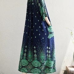 新品　ロングワンピース　総柄　XL　大きい　フレア　ネイビー　緑　の画像