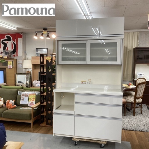 ジモティー限定価格！S177 ⭐ Pamouna パモウナ キッチンボード 食器棚 ソフトクローズ搭載 キャビネット付 幅120cm USED